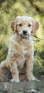 Adorable Golden Retriever puppy holding a stick with golden sparkles around.