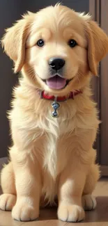 Adorable Golden Retriever puppy wearing a red collar indoors.