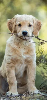 Golden retriever puppy in nature holding a stick.