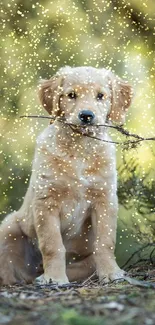 Golden retriever puppy holding a stick in a forested area.