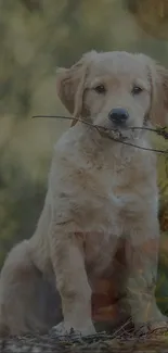 Golden retriever puppy with twig in nature background for mobile wallpaper.