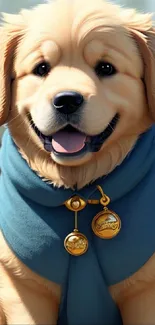 Golden Retriever puppy smiling in a blue scarf with golden bells.