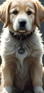 Cute golden retriever puppy sitting outdoors in a heartwarming mobile wallpaper.