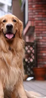 Golden Retriever sitting on a wooden deck.