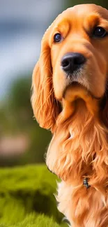 Golden retriever with lush fur in a serene natural background.