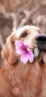 Golden retriever holding a pink flower in mouth against a blurred background.