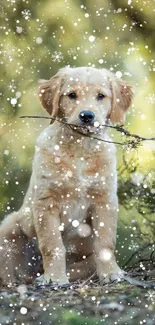 Golden Retriever puppy with snowflakes in a tranquil forest setting.