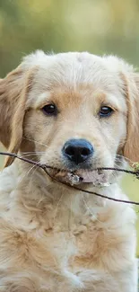 Golden retriever puppy holding a stick in a lush, green forest setting.