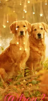 Two golden retrievers sit by a lake in autumn.