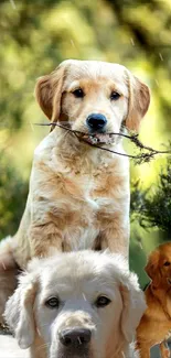 Golden retrievers in a green, leafy background.