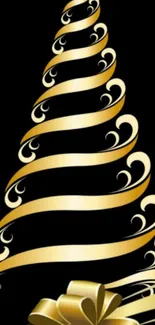 Golden ribbon Christmas tree on black background wallpaper.