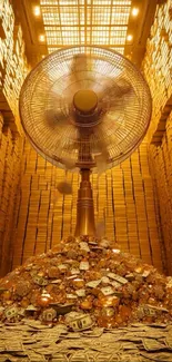 Lavish gold fan amidst wealth and riches.