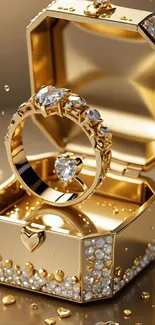 Golden ring with diamonds in a luxurious box.