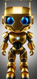 Golden robot with blue eyes on sleek wallpaper