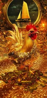 Golden rooster with intricate golden background.