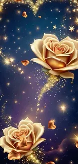 Golden roses with sparkling stars on a midnight blue background mobile wallpaper.