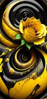 Abstract mobile wallpaper with a golden rose in black and gold swirl design.