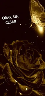 Golden rose with luminous butterfly on dark background.