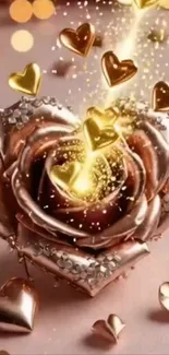 Golden rose with sparkling hearts wallpaper.