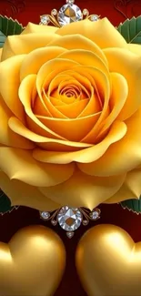 Golden rose with hearts on a red background.