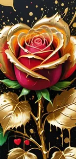 Golden and red rose digital artwork on black background.
