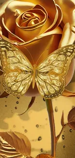 Golden rose and butterfly mobile wallpaper with luxurious tones.