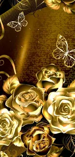 Elegant golden roses and butterflies wallpaper for mobile phones.