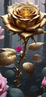 Golden rose in a mystical forest with pink flowers.