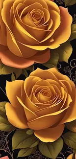 Golden roses on a dark floral background.