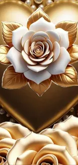 Gold heart with white rose mobile wallpaper.