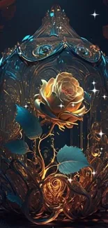 Golden rose under glass dome, artistic wallpaper.