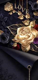 Luxurious gold roses with LOVE on a dark floral background.