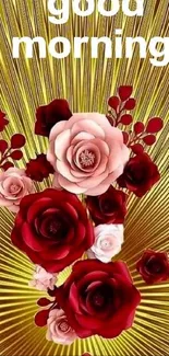 Good morning wallpaper with roses and gold background.