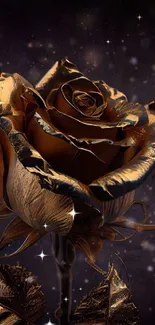 Elegant golden rose on dark background with sparkle effects.