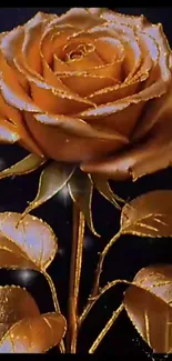 Golden rose wallpaper with black background and shining petals.