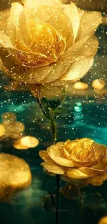 Golden roses float on a tranquil blue pond, creating an elegant and serene visual.