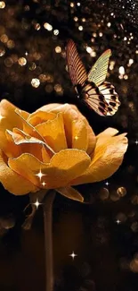 Golden rose with butterfly on sparkling background.