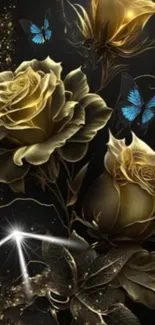 Golden roses with blue butterflies on dark backdrop in stunning mobile wallpaper.