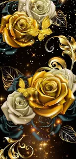 Gold roses and butterflies on a black background wallpaper.