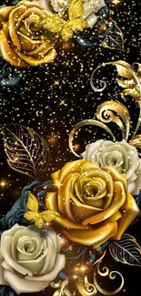 Golden roses and butterflies on black background.