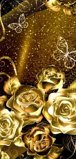 Golden roses and butterflies wallpaper with floral designs.