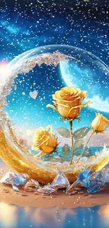 Golden roses in a crystal ball under a midnight sky with ocean waves.