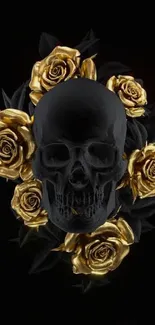 Black skull surrounded by golden roses on a dark background.