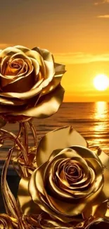 Golden roses in front of sunset ocean view.