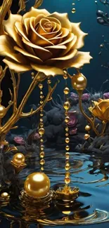 Golden roses with reflective droplets in a dreamlike scene.