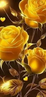 Golden roses with heart accents on a luxurious phone wallpaper.