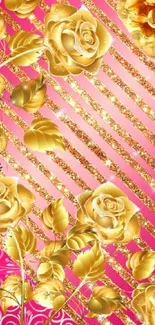 Golden roses on pink striped mobile wallpaper with leaves.