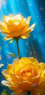 Golden roses with sparkling blue background, showcasing vibrant colors and fantasy theme.