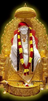 Sai Baba seated on a golden throne with vibrant decorations.