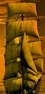 Majestic golden sailing ship under a vivid sky.